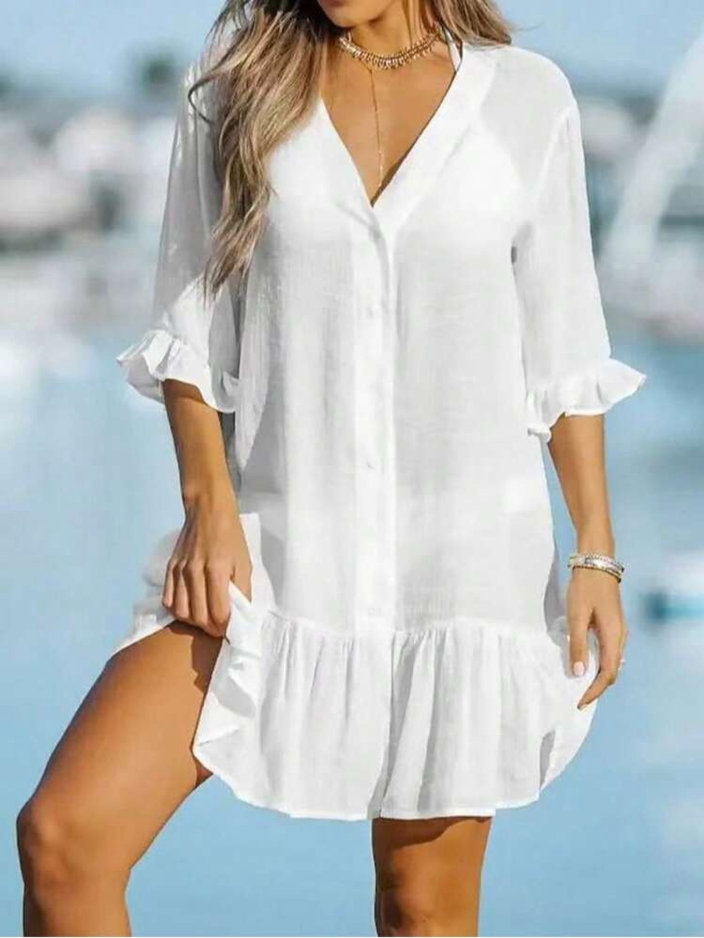 Cupshe styled White V-Neck Beach Cover-Up Tunic - Picture 2 of 7